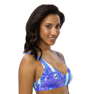 Recycled bikini sports bralette with removable pads with blue stripes and florals
