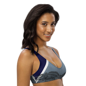 Recycled bikini sports bralette with removable pads in our denim and lace pattern