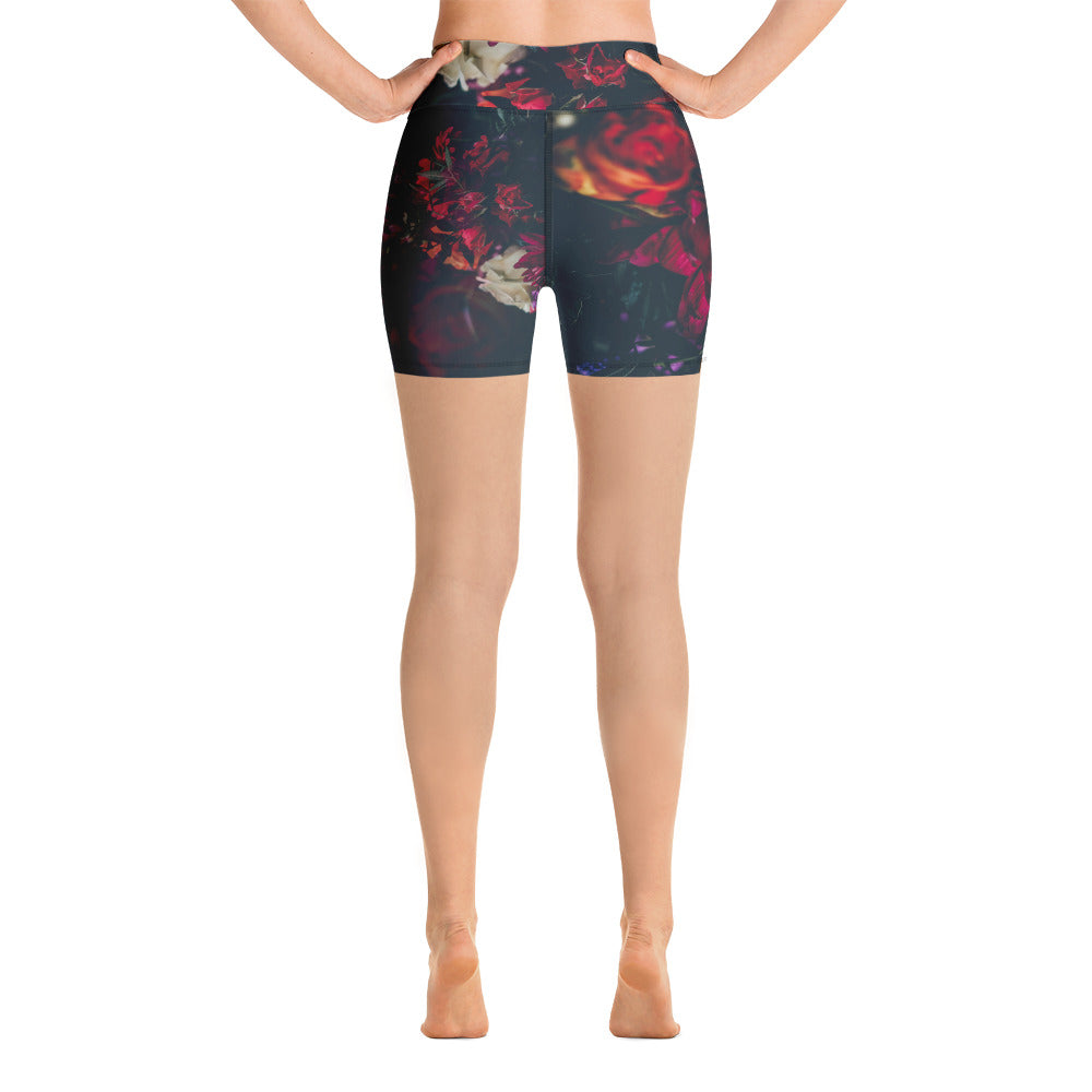 High waisted yoga shorts, in our moody romantic floral print.