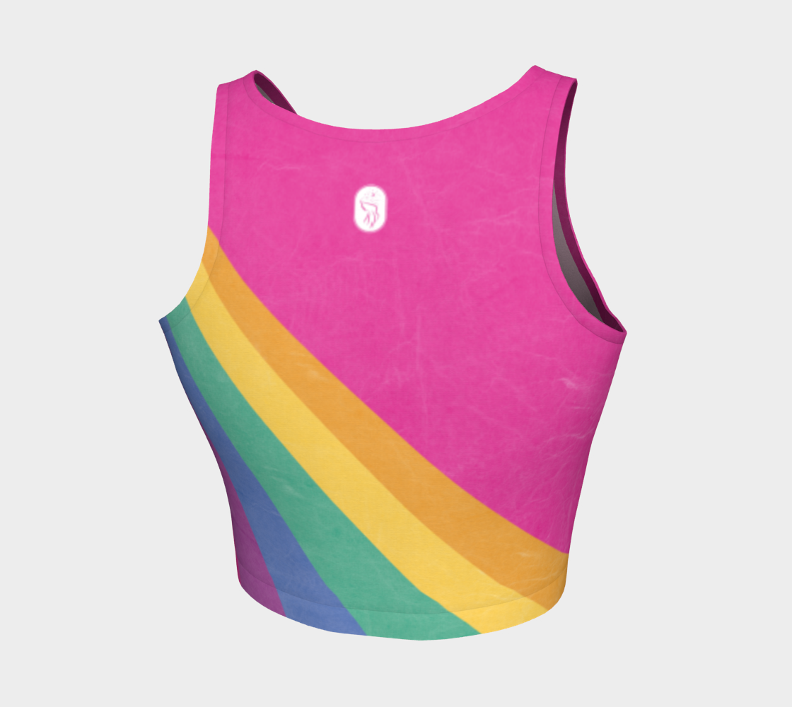 Rainbow color blocking against a bright pink backdrop adorn this athletic top