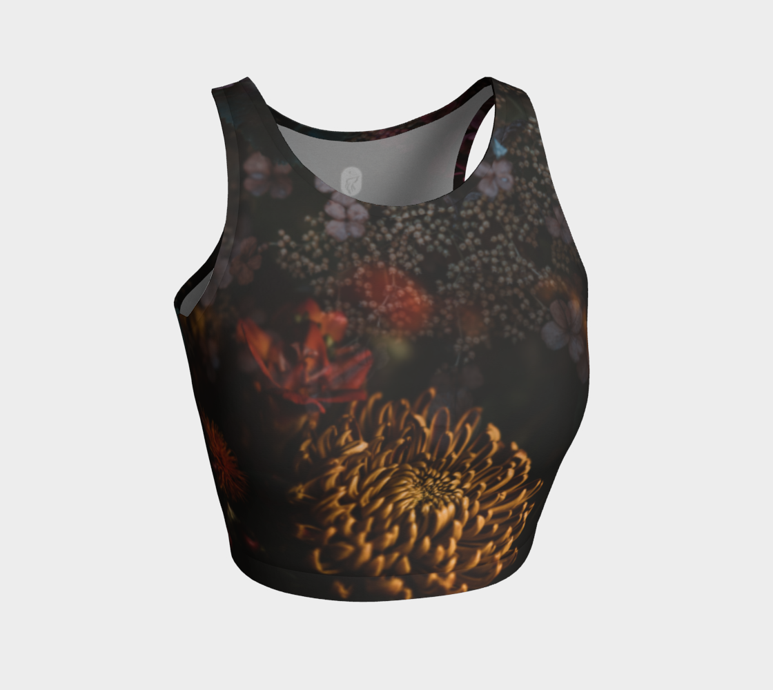 Moody dark florals adorn this athletic top