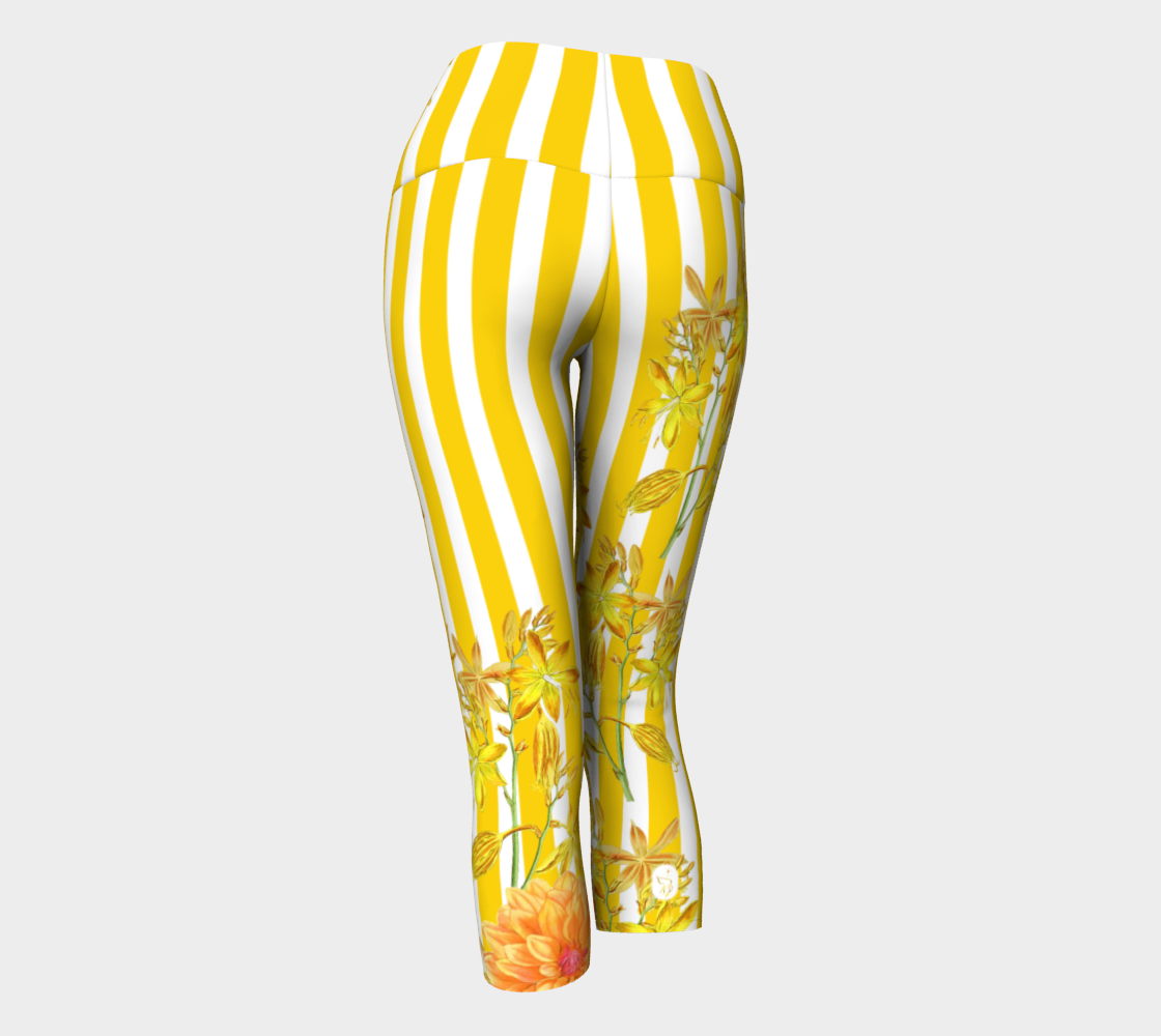 Featuring gorgeous yellow stripes and florals adorn these high-waisted compression capri length leggings.