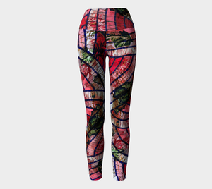 An artistic blend of pink mosaic tiles and vintage botanicals on these compression leggings