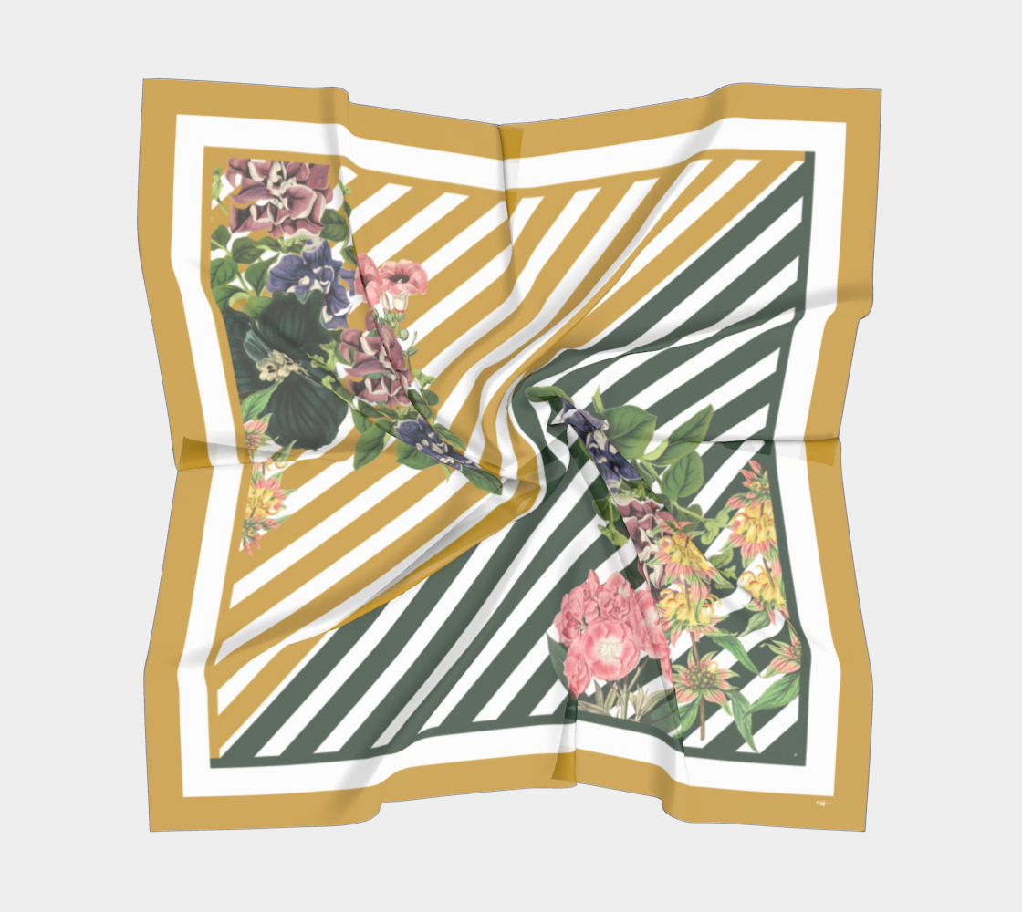 Yellow and Green stripes with colorful botanicals adorn this 100% silk charmeuse scarf.