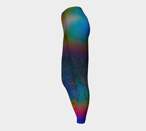 Sexy lace sits atop a denim backdrop with subtle rainbow haze on these compression leggings