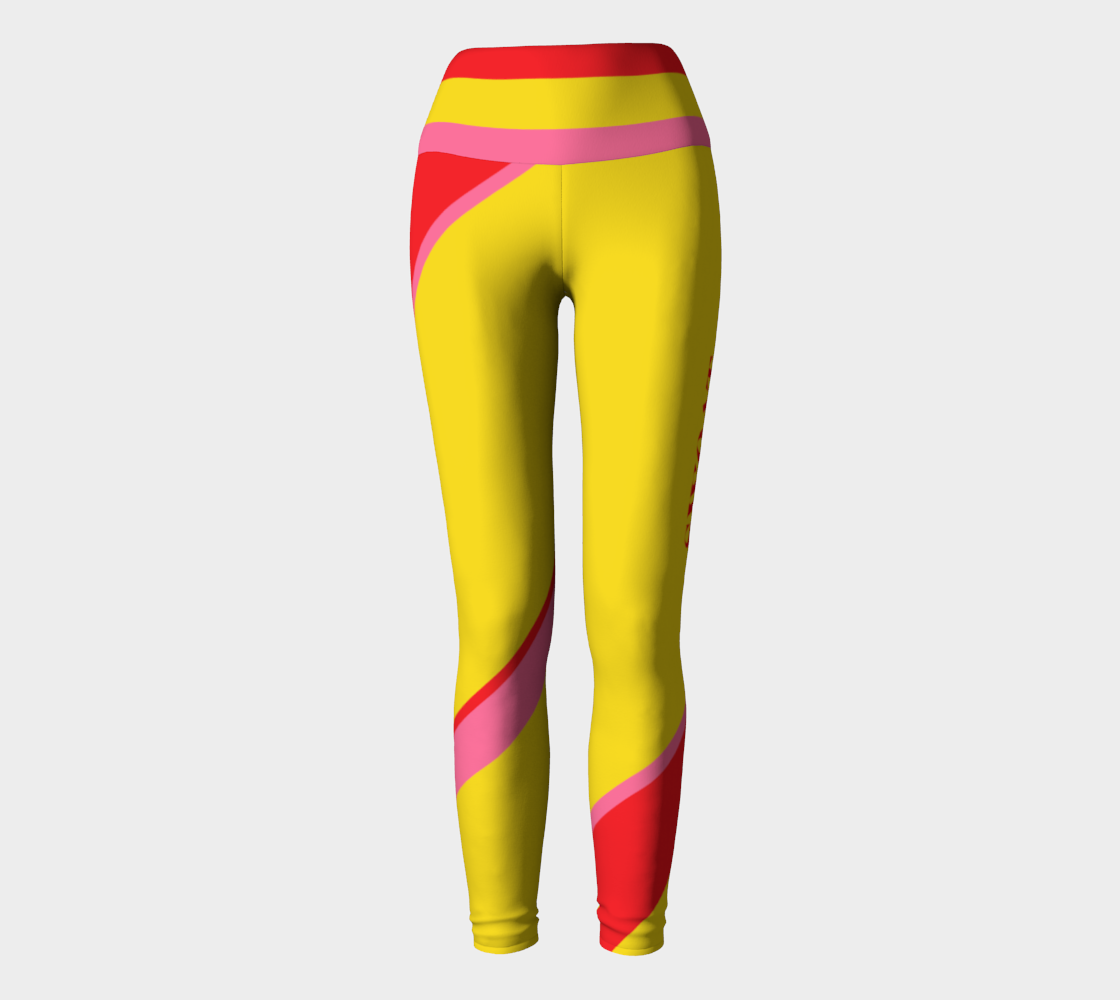 Compression leggings featuring our signature color palette of bold yellow, pink and red, adorned with "Sweat Goddess" along one leg.