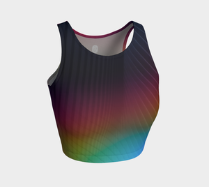 Geometrical patterns transform into rainbow colors, to create a stunning look on this athletic top