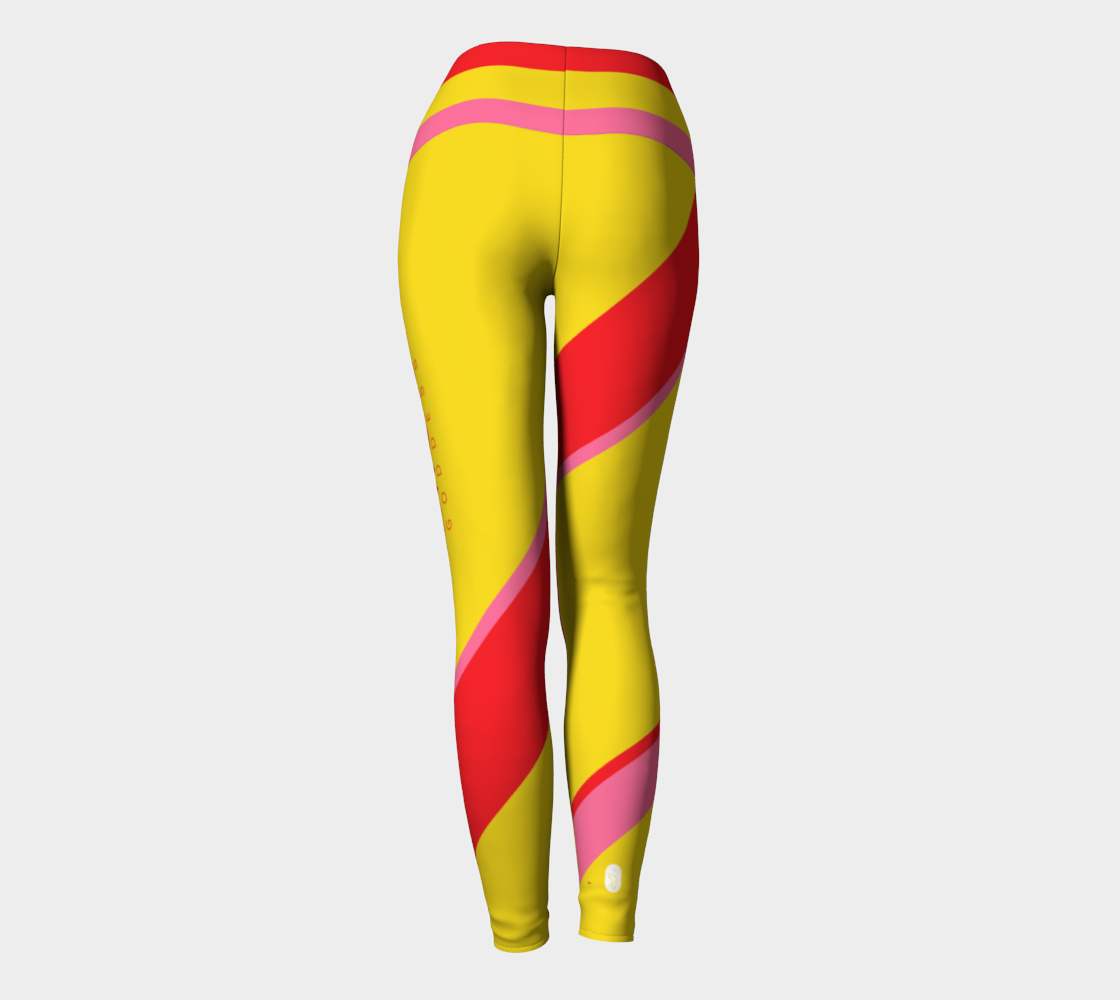 Compression leggings featuring our signature color palette of bold yellow, pink and red, adorned with "Sweat Goddess" along one leg.