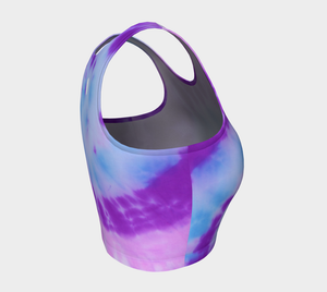 Beautiful starburst tie dye patterns in blues, pinks and purple on this athletic top