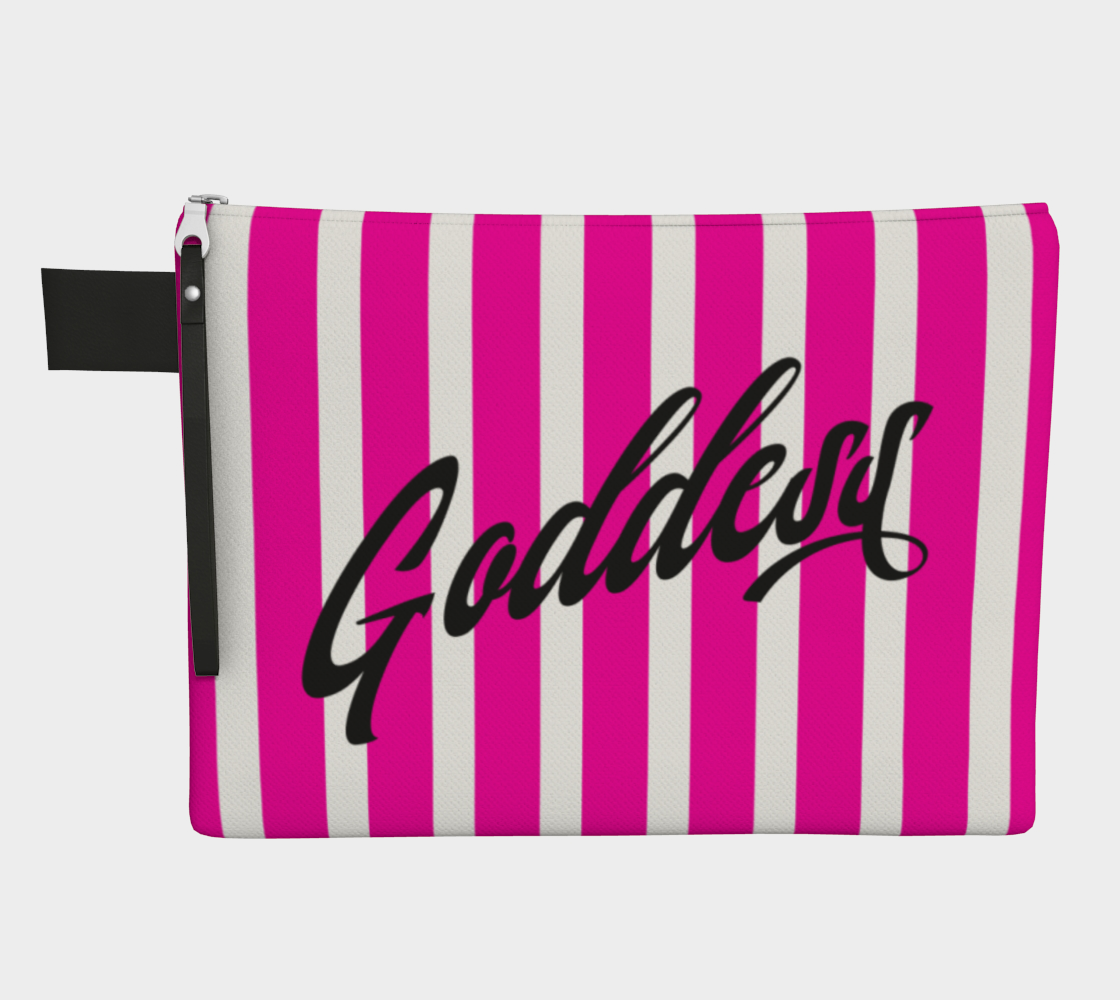 fully lined 10" zipper pouch in pink and black stripes with the word Goddess in script