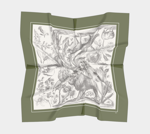 This silk square scarf features vintage florals and animals surrounded by an olive green border.