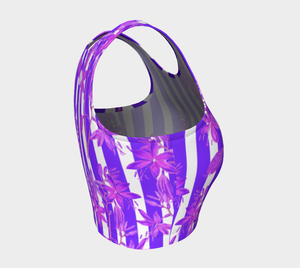 Gorgeous purple stripes and florals adorn this full coverage athletic top.