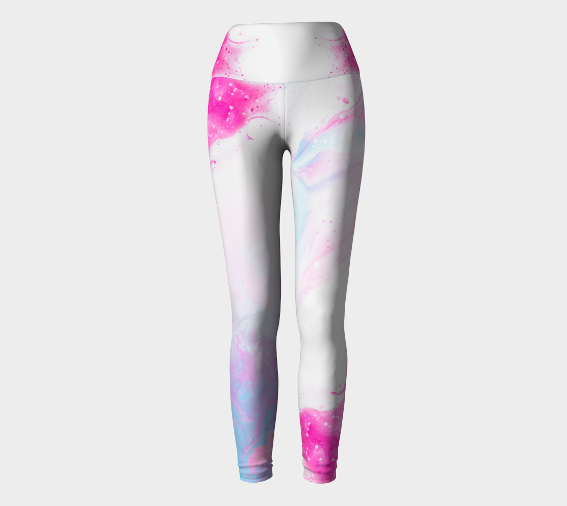 Ethereal pink and blue print against a white background on these compression leggings