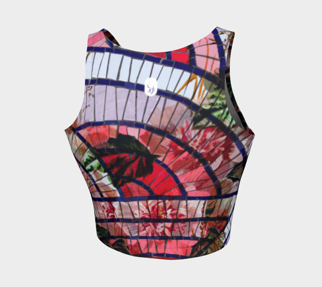 An artistic blend of pink mosaic tiles and vintage botanicals on this athletic tops