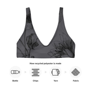 Black botanicals set against a gorgeous charcoal background adorn this beautiful sports bralette.