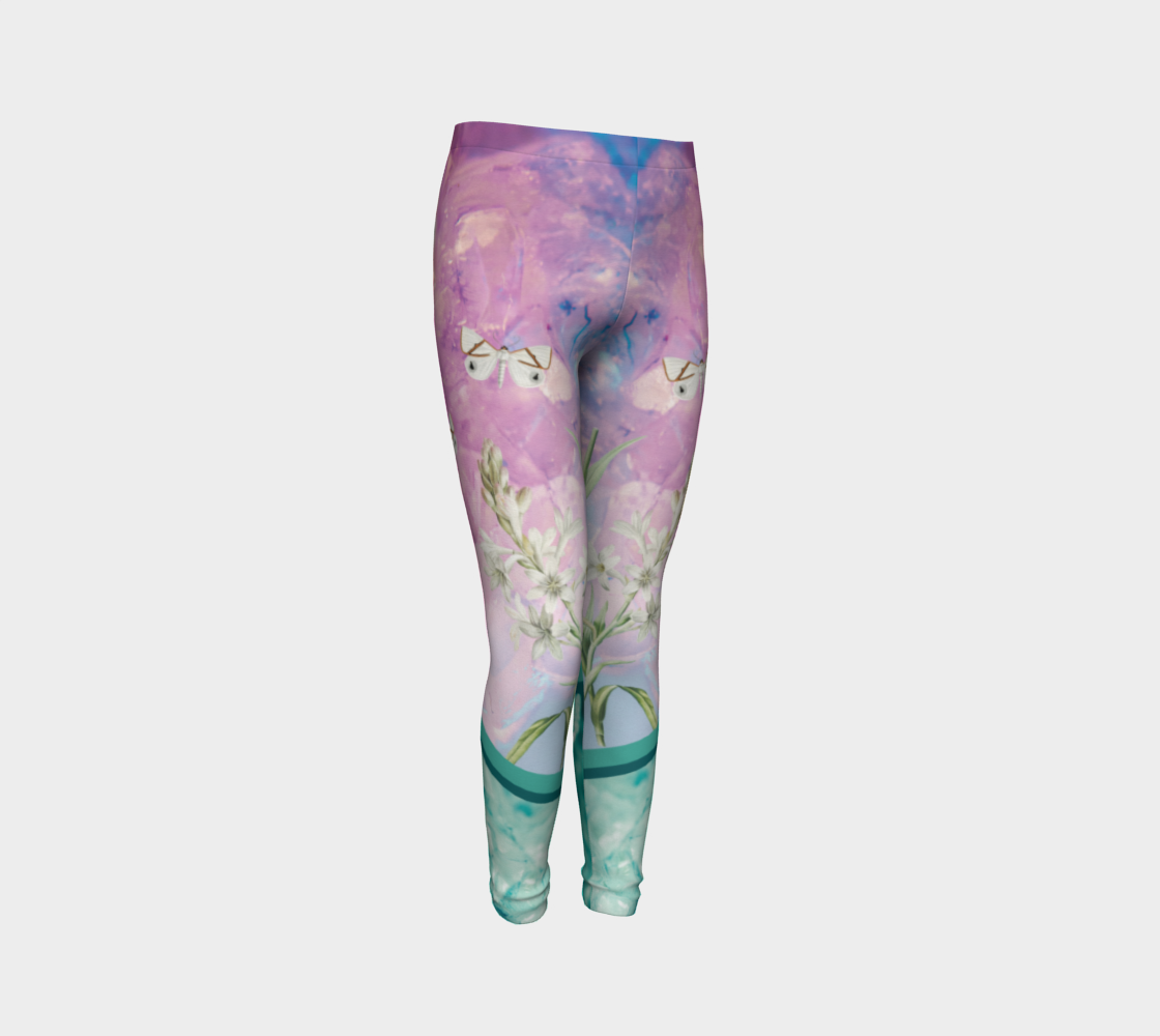 A unique blend of crystal imagery and butterfly florals adorns these kids leggings