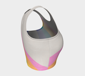 A color block style featuring a colorful rainbow adorn this athletic top