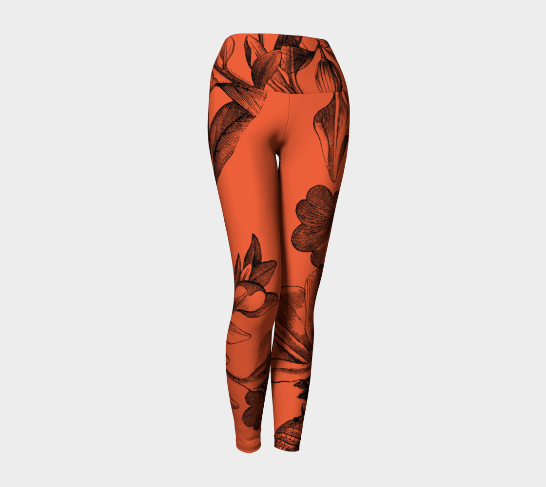 Black botanicals set against a red background on these compression high-waisted legggings.