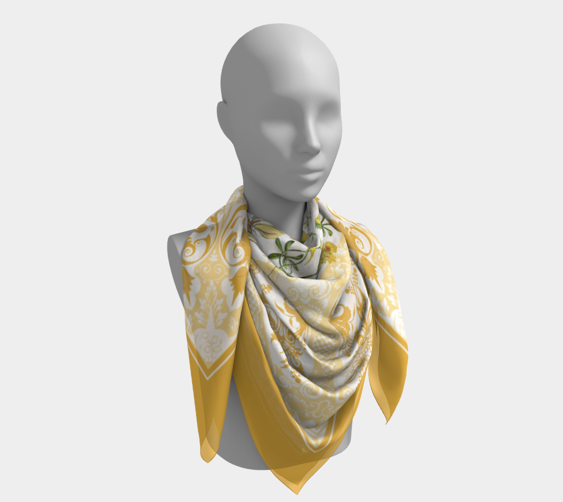 Florals and vintage yellow ornaments adorn this 100% silk charmeuse scarf.