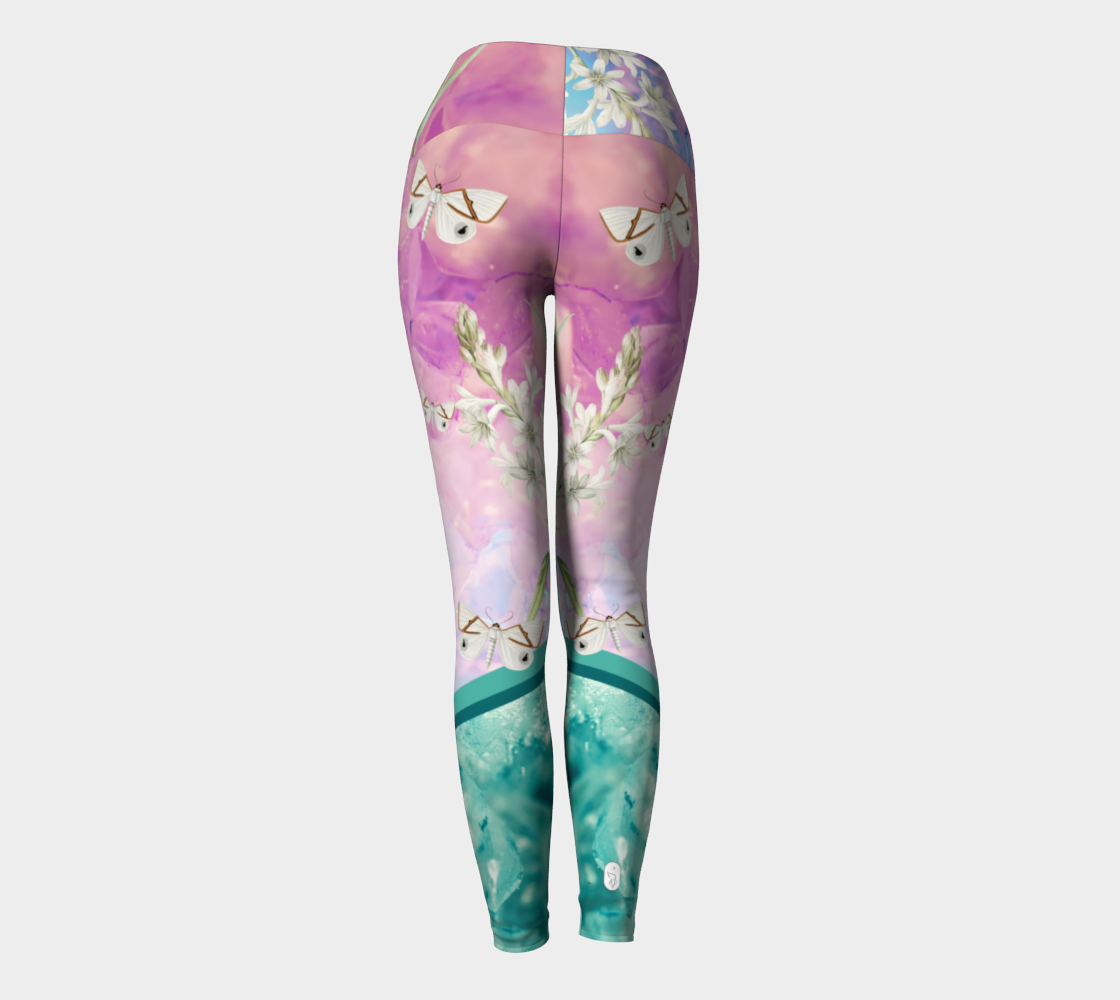 A unique blend of crystal imagery and butterfly florals adorns these compression leggings