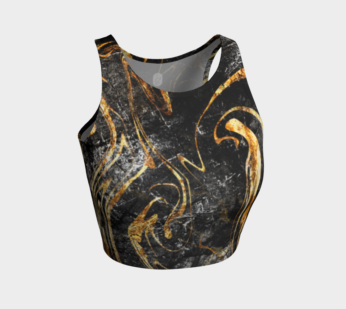 Black and Gold ethereal patterns evoke moon dust on this athletic top