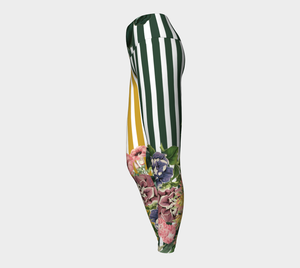 High-waisted compression leggings with yellow and green stripes and gorgeous vintage botanicals.