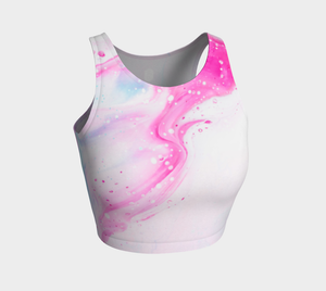 Ethereal pink and blue print against a white background on this athletic top