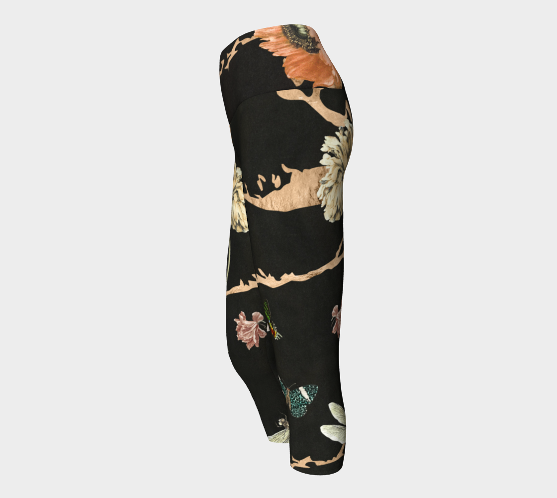 black and gold color palette with dragonflies and butterflies throughout capri pants