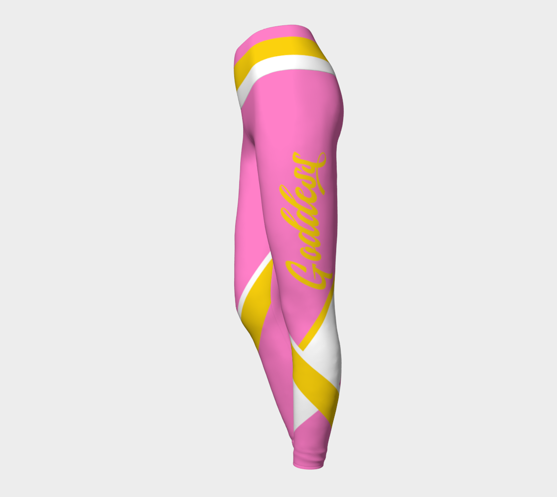 Our signature color block style in a happy pink, yellow and white with the word "Goddess" down one leg, on these high-waisted compression leggings.