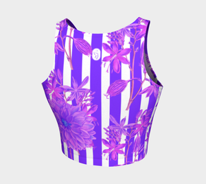 Gorgeous purple stripes and florals adorn this full coverage athletic top.