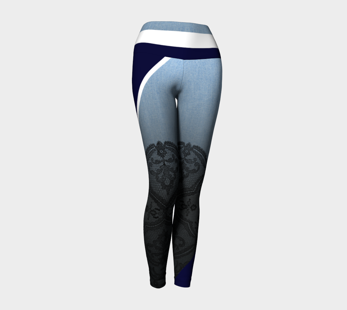 Sexy lace sits atop a denim backdrop with bold stripes as accents on these compression leggings