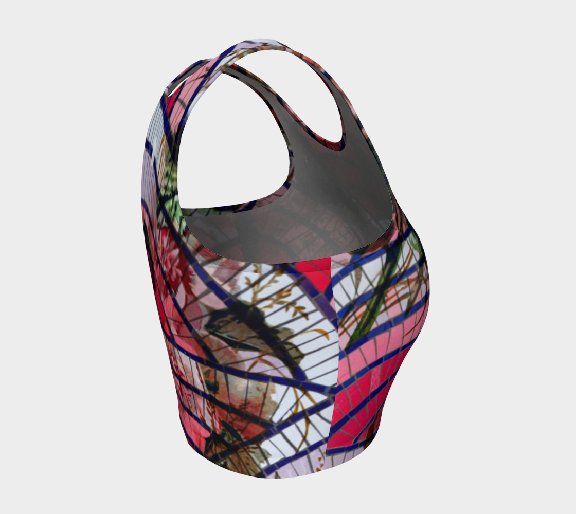An artistic blend of pink mosaic tiles and vintage botanicals on this athletic tops