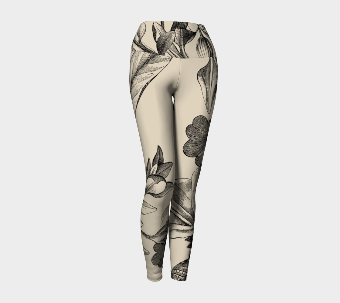 Compression leggings featuring gorgeous vintage botanicals set subtly against an ivory background.