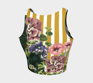 This athletic top has green stripes on the front and yellow stripes on the back, overlayed with gorgeous florals.
