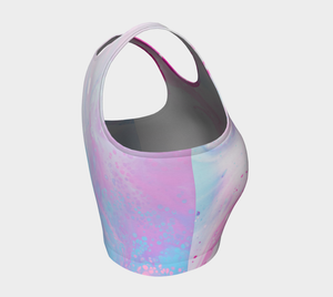 Ethereal pink and blue print against a white background on this athletic top