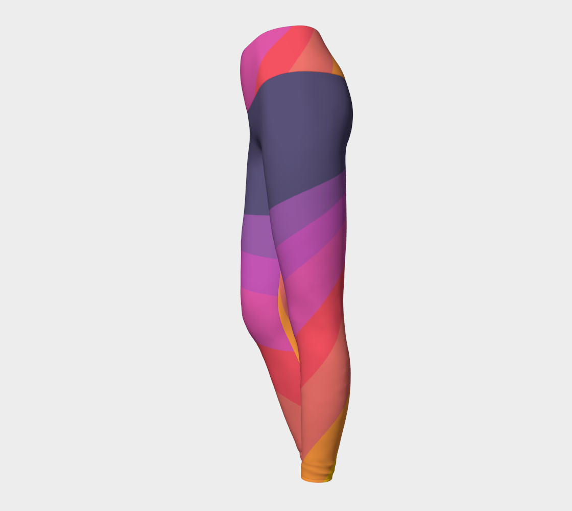 A gorgeous vibrant sunset color palette adorn these high-waisted compression leggings
