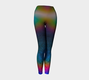 Sexy lace sits atop a denim backdrop with subtle rainbow haze on these compression leggings
