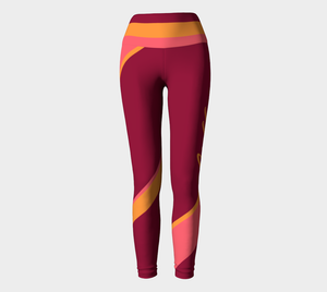 Our signature color block style in wine, pink and orange color palette, with the word "Goddess" down one leg, on these high-waisted compression leggings.
