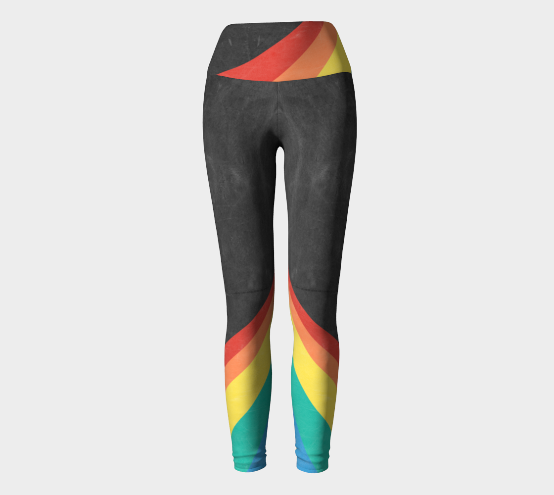 A color block style featuring a colorful rainbow on these compression leggings.