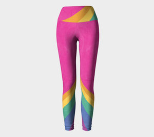 Rainbow color blocking against a bright pink backdrop on these compression leggings