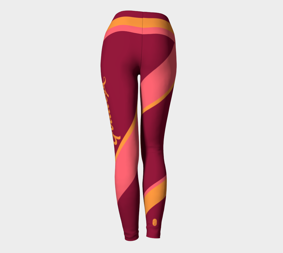 Our signature color block style in wine, pink and orange color palette, with the word "Goddess" down one leg, on these high-waisted compression leggings.