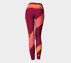 Our signature color block style in wine, pink and orange color palette, with the word "Goddess" down one leg, on these high-waisted compression leggings.