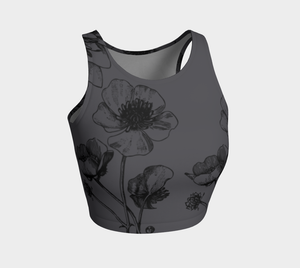 Black florals sit atop a charcoal background on this athletic top.
