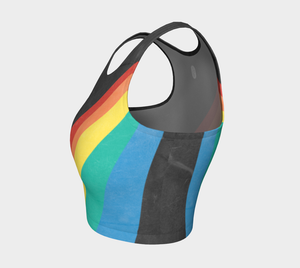 A color block style featuring a colorful rainbow on this athletic top.