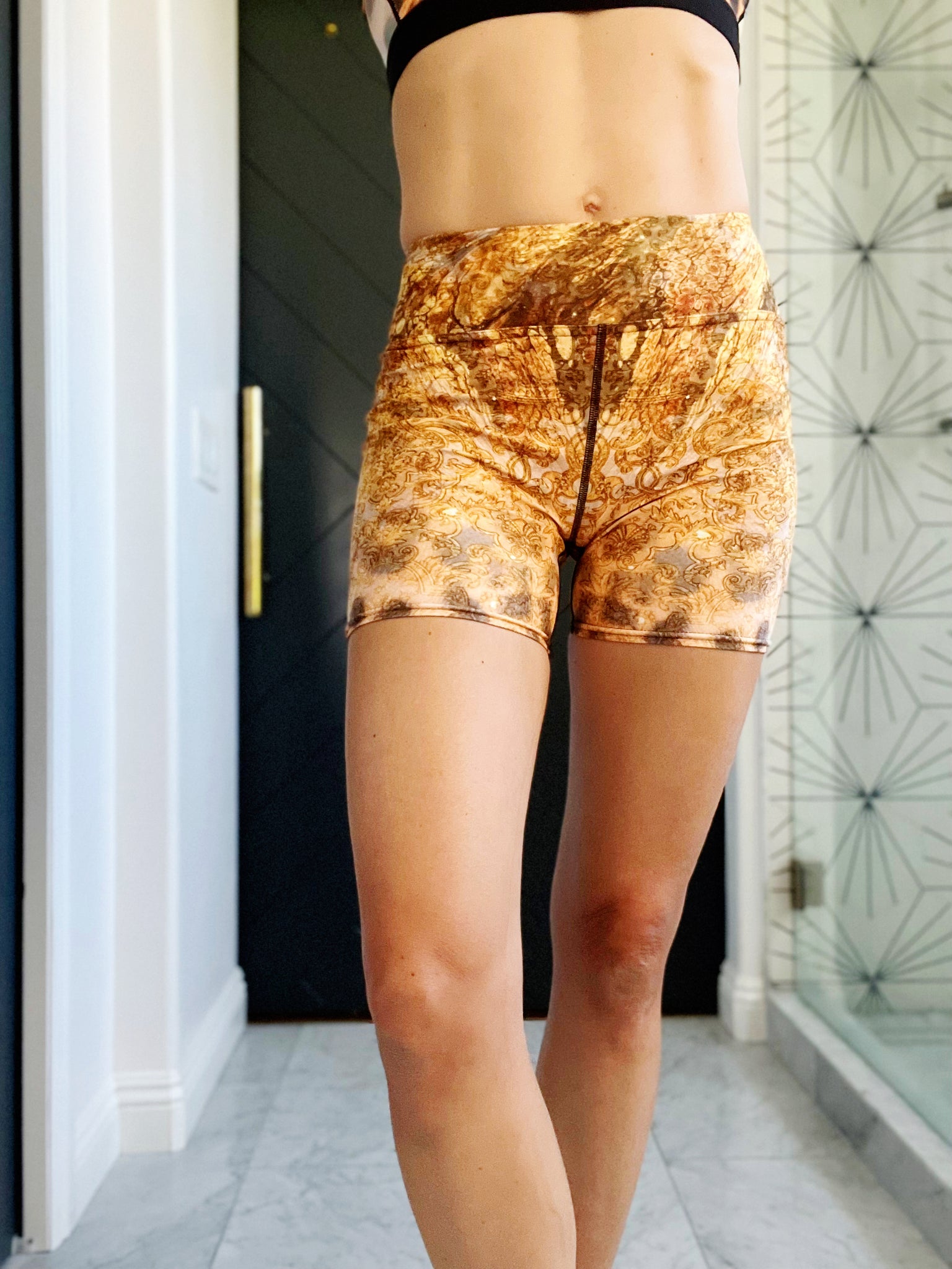 Gold leopard print yoga shorts