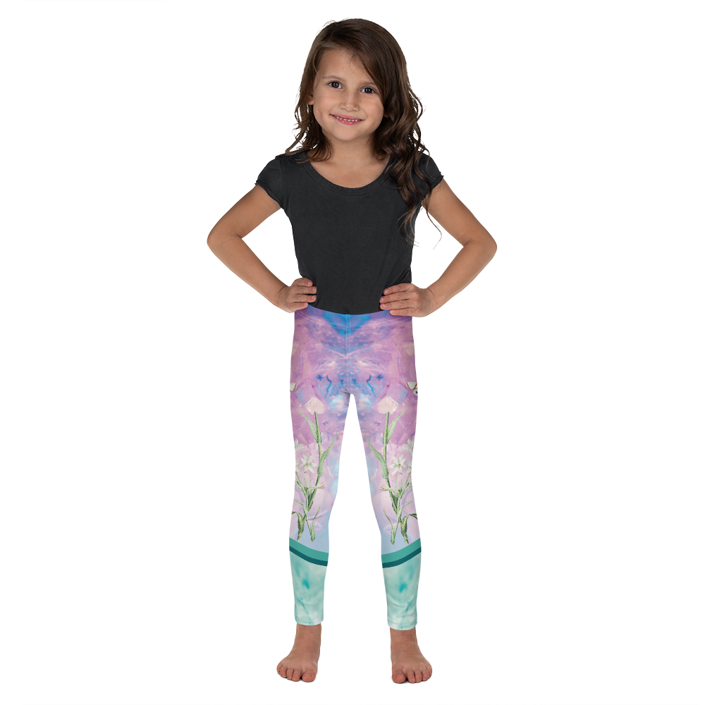 A unique blend of crystal imagery and butterfly florals adorns these little kids leggings