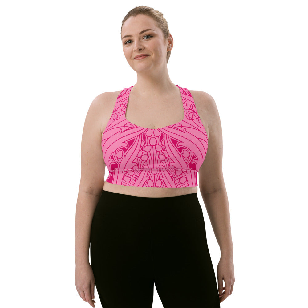 Gorgeous pink art deco print on our signature sports bra.