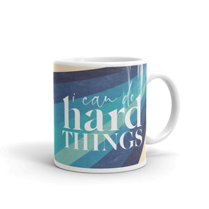 blue color block mug with the saying "I can do hard things"
